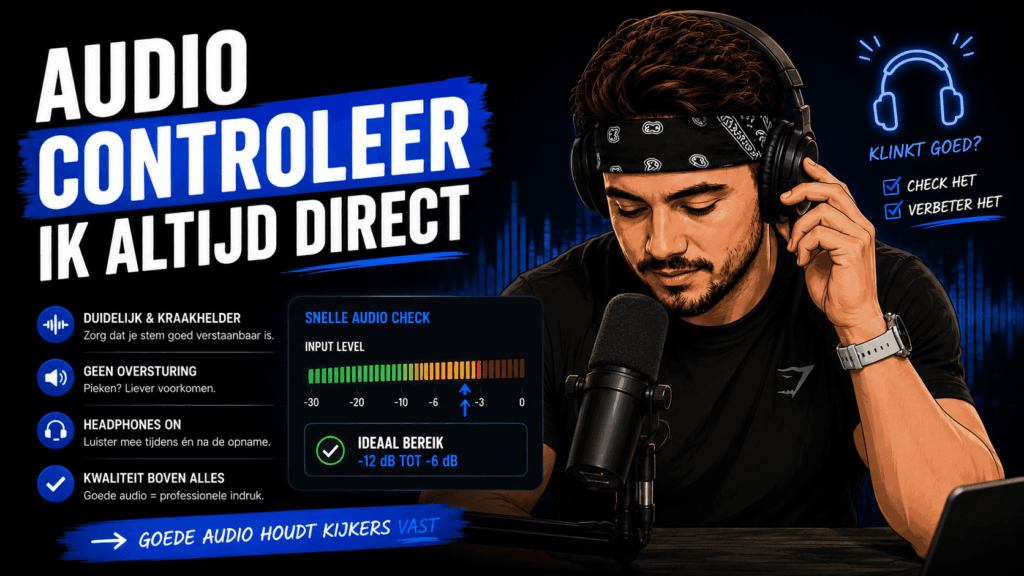 Illustratie van een content creator die audio controleert met een microfoon, koptelefoon en audiometers voor een vlogopname.