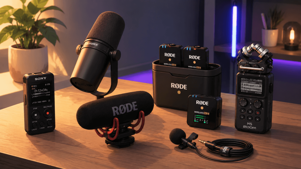 Audio gear voor content creators met draadloze microfoons, shotgun microfoon en audiorecorder