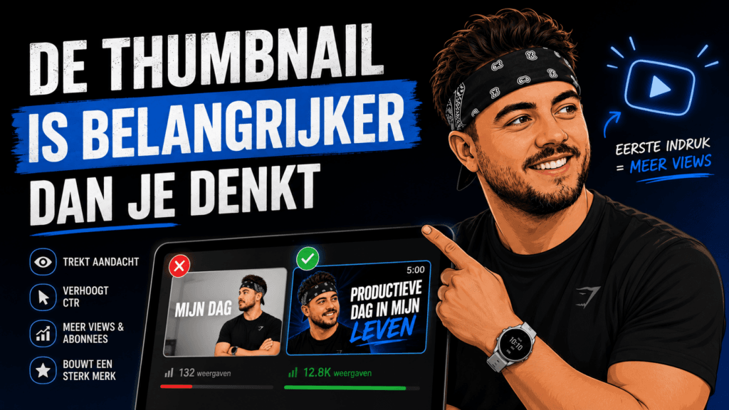 Illustratieve thumbnail met content creator en voorbeelden van goede en slechte YouTube thumbnails voor meer views en hogere CTR.