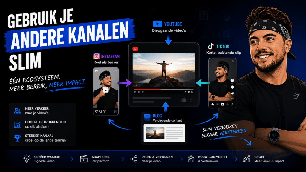 Illustratie van een content ecosysteem waarbij YouTube, Instagram, TikTok en een blog samenwerken om meer verkeer en views te genereren.