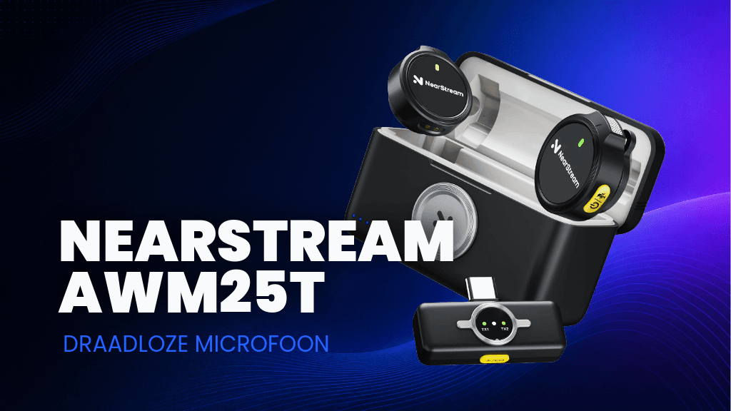 NearStream AWM25T draadloze microfoon voor content creators met oplaadcase en ontvanger.
